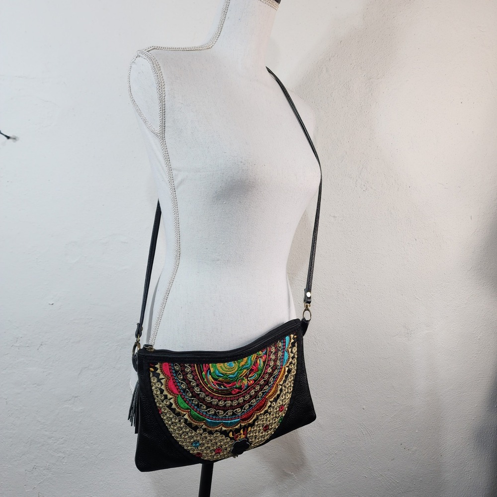 Vintage Boho Embroidered Mandala Crossbody Bag Black Tassel Small Messenger
